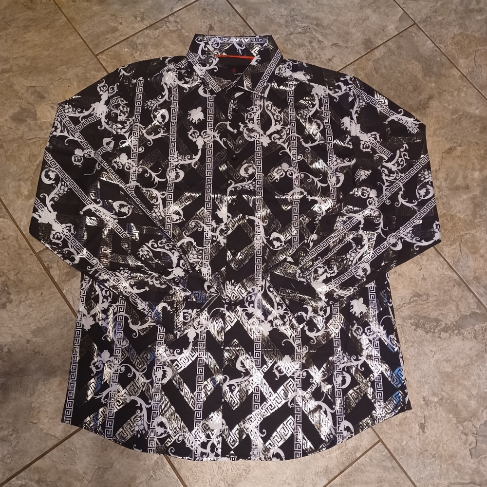 NWT Mens XL Suslo Couture Slim Fit Lon Sleeve Button Up Black/White/Silver